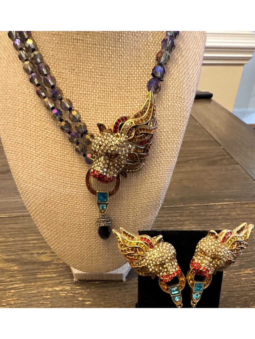 Designer Signed rhinestone Lion Head Necklace& Earrings Set